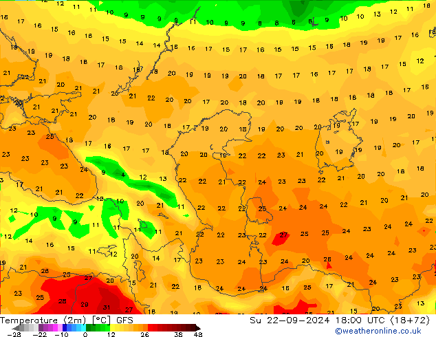 Temperature (2m) GFS Su 22.09.2024 18 UTC