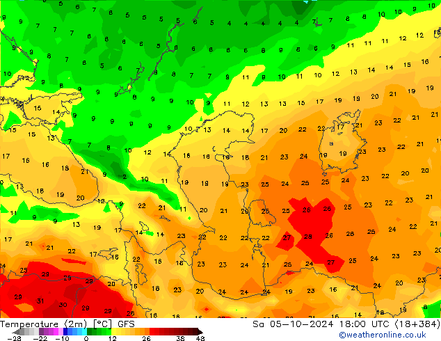 Temperatura (2m) GFS Sáb 05.10.2024 18 UTC