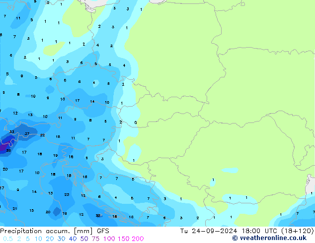 Precipitation accum. GFS вт 24.09.2024 18 UTC