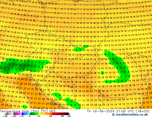 Max.temperatuur (2m) GFS do 19.09.2024 21 UTC