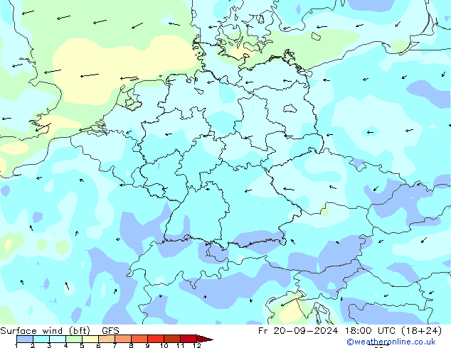 Vento 10 m (bft) GFS ven 20.09.2024 18 UTC