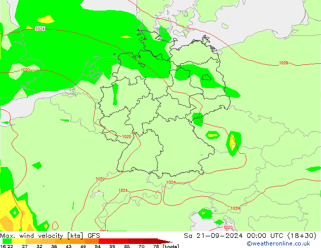 Max. wind velocity GFS sam 21.09.2024 00 UTC