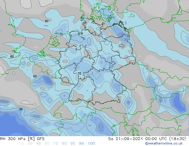 Humidité rel. 300 hPa GFS sam 21.09.2024 00 UTC