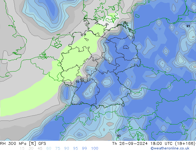 Humedad rel. 300hPa GFS jue 26.09.2024 18 UTC