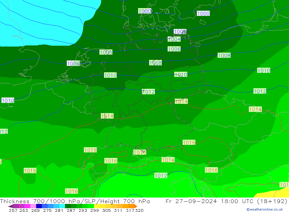 Thck 700-1000 hPa GFS Fr 27.09.2024 18 UTC