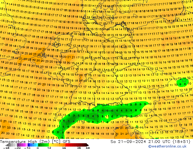 Temperature High (2m) GFS Sa 21.09.2024 21 UTC