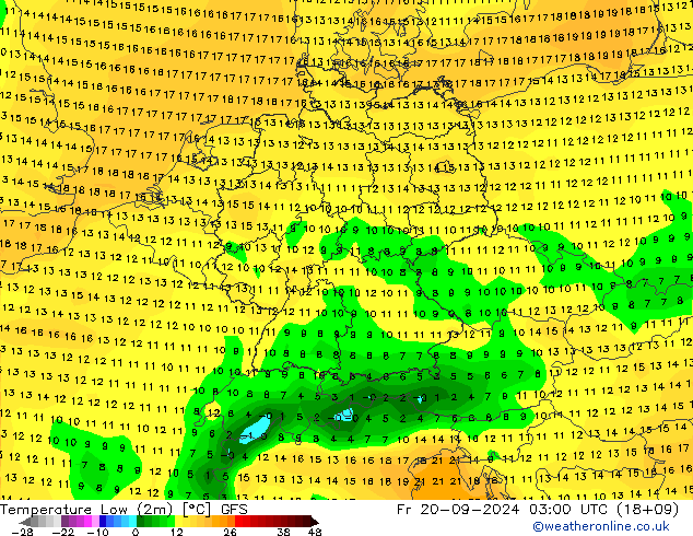 Nejnižší teplota (2m) GFS Pá 20.09.2024 03 UTC