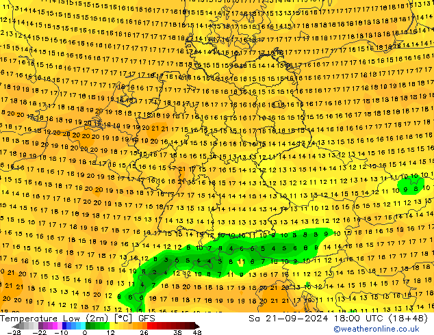 température 2m min GFS sam 21.09.2024 18 UTC