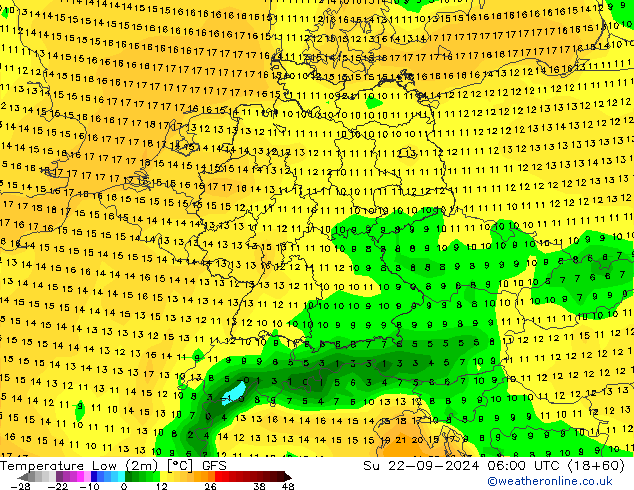 Tiefstwerte (2m) GFS So 22.09.2024 06 UTC