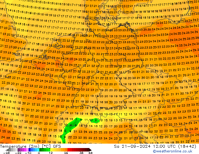 Temperatura (2m) GFS Sáb 21.09.2024 12 UTC