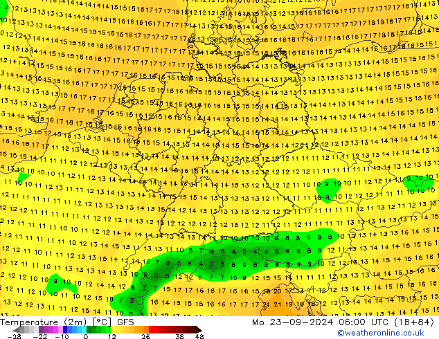 Temperaturkarte (2m) GFS Mo 23.09.2024 06 UTC