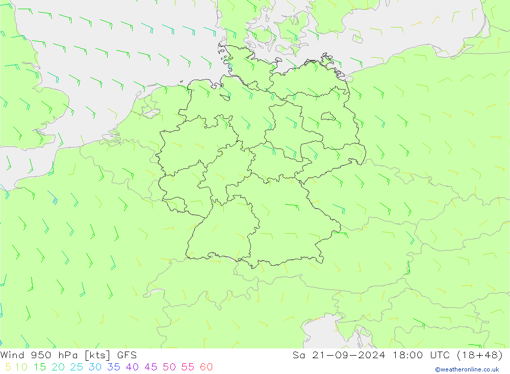 Wind 950 hPa GFS Sa 21.09.2024 18 UTC