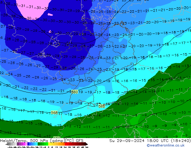 Height/Temp. 500 hPa GFS So 29.09.2024 18 UTC