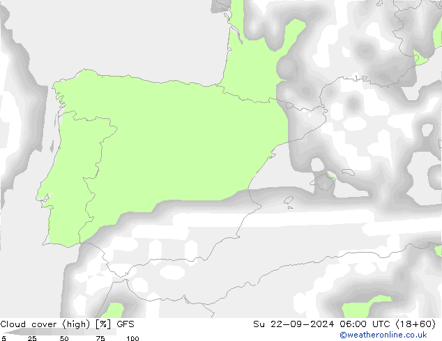 Cloud cover (high) GFS Su 22.09.2024 06 UTC