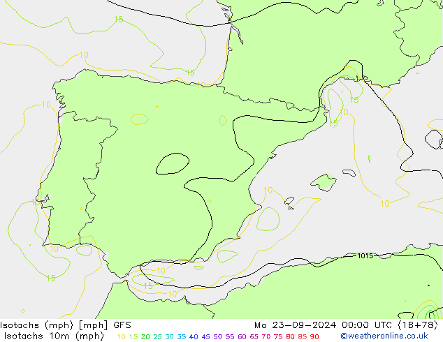 Isotachen (mph) GFS Mo 23.09.2024 00 UTC