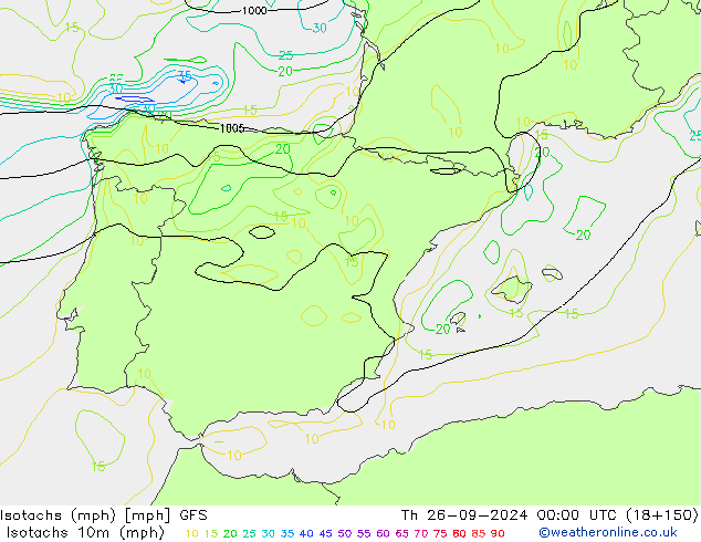 Isotachs (mph) GFS  26.09.2024 00 UTC