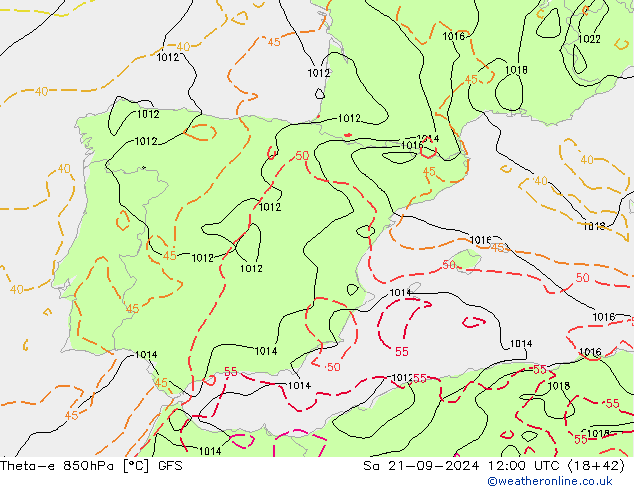 Theta-e 850hPa GFS So 21.09.2024 12 UTC