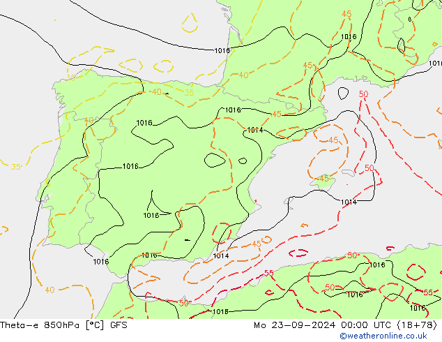 Theta-e 850hPa GFS Mo 23.09.2024 00 UTC