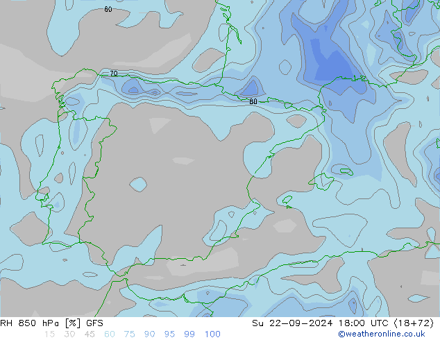 RH 850 hPa GFS Su 22.09.2024 18 UTC