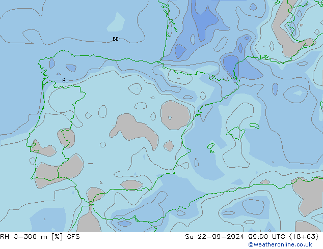 RH 0-300 m GFS Su 22.09.2024 09 UTC