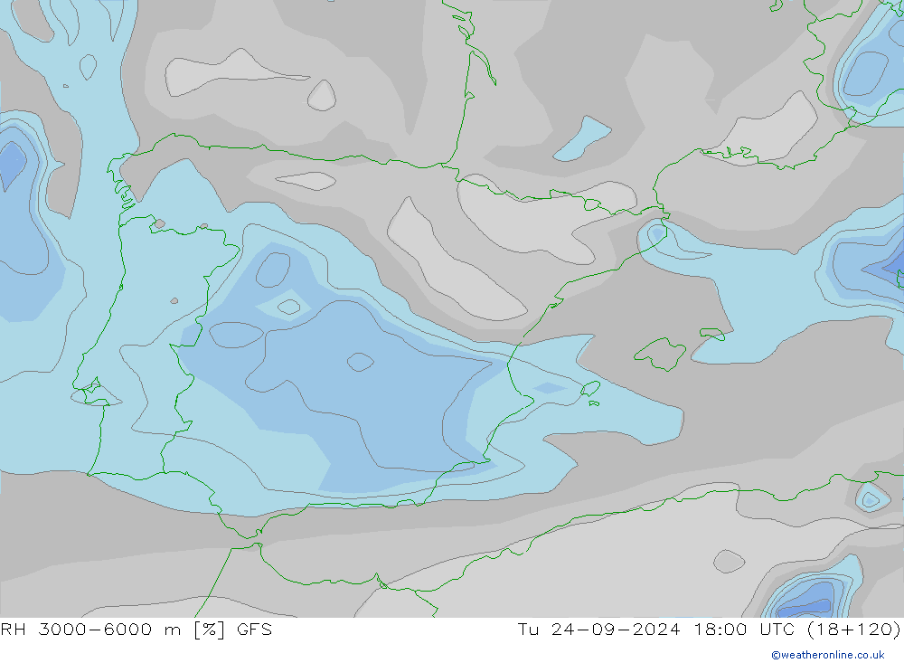 RH 3000-6000 m GFS Tu 24.09.2024 18 UTC