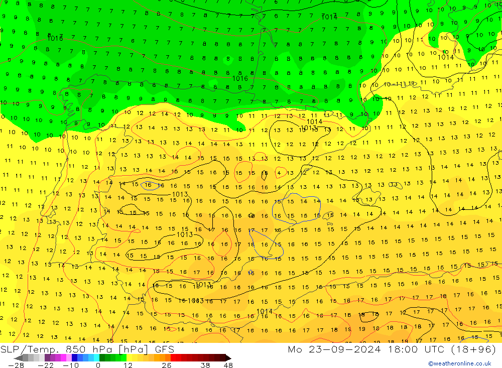 SLP/Temp. 850 hPa GFS Mo 23.09.2024 18 UTC