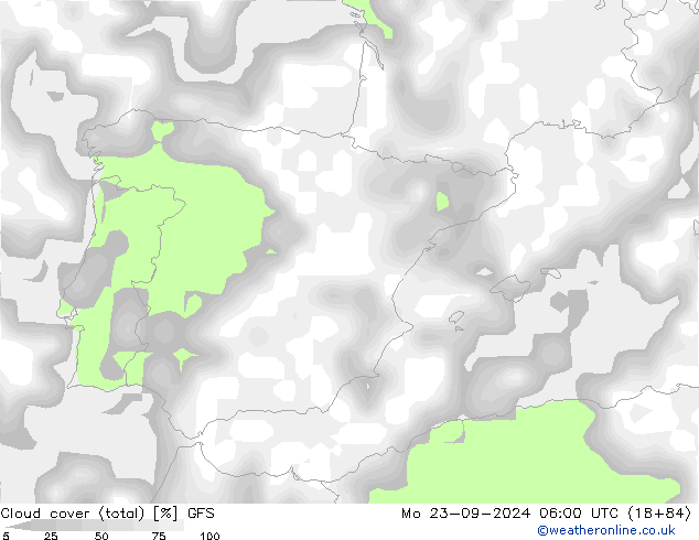 Cloud cover (total) GFS Mo 23.09.2024 06 UTC