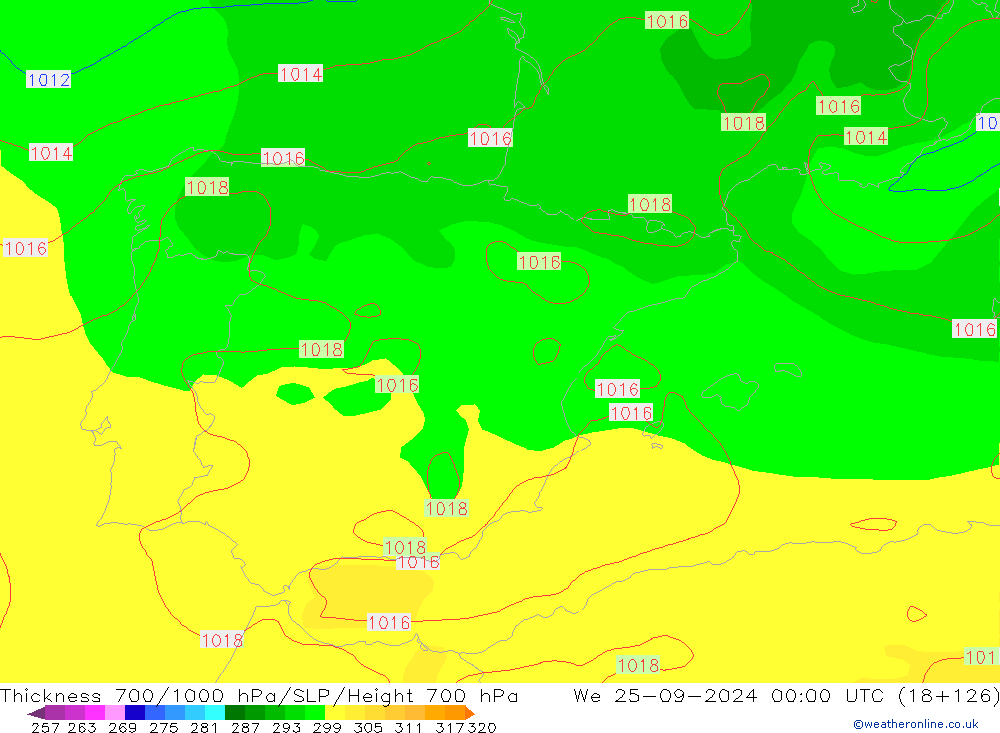 Thck 700-1000 hPa GFS We 25.09.2024 00 UTC