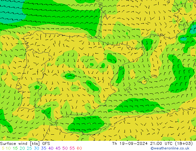 Vento 10 m GFS Qui 19.09.2024 21 UTC