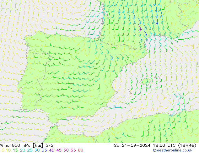 Vento 850 hPa GFS sab 21.09.2024 18 UTC