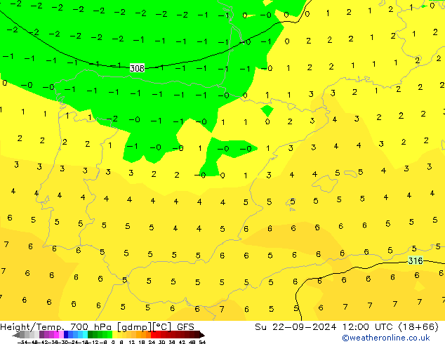 Height/Temp. 700 hPa GFS nie. 22.09.2024 12 UTC