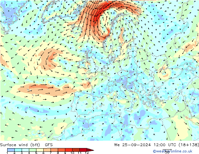 Surface wind (bft) GFS We 25.09.2024 12 UTC