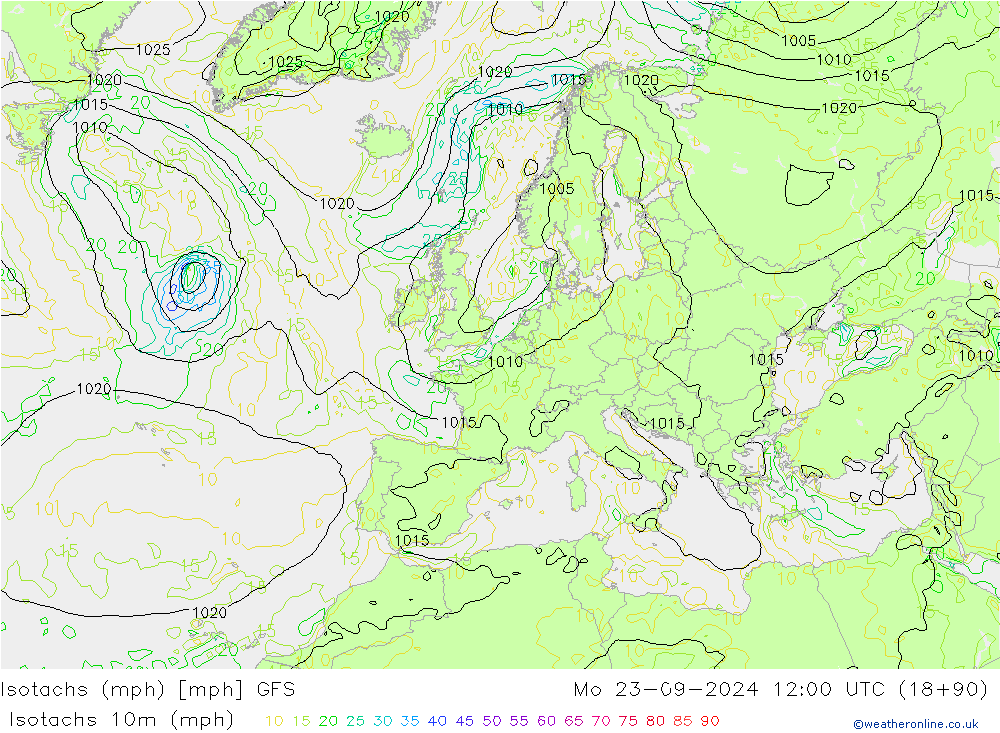 Isotachen (mph) GFS ma 23.09.2024 12 UTC