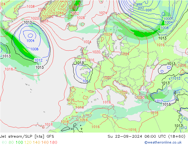 Jet stream/SLP GFS Su 22.09.2024 06 UTC