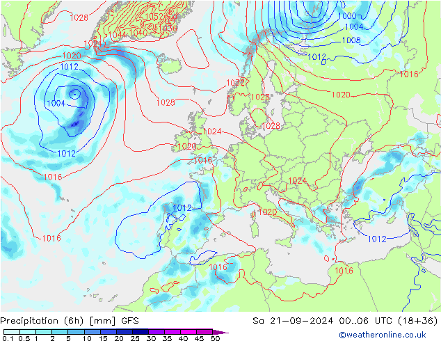 Z500/Rain (+SLP)/Z850 GFS 星期六 21.09.2024 06 UTC