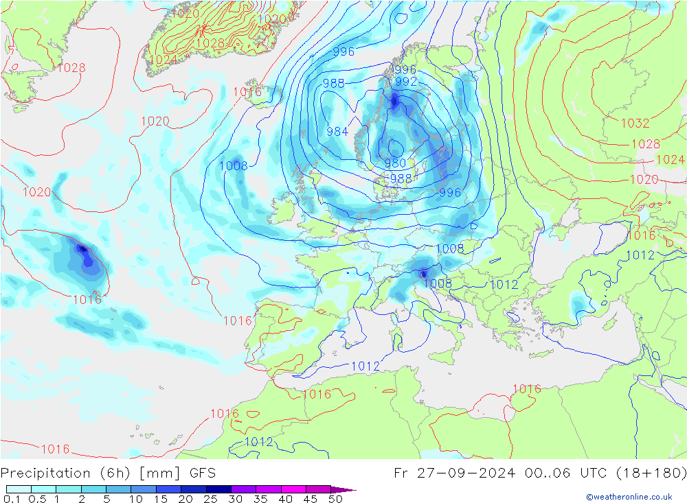 Totale neerslag (6h) GFS vr 27.09.2024 06 UTC