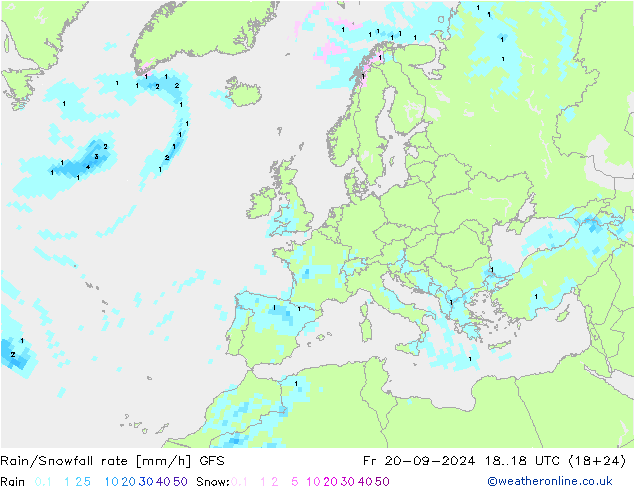 Rain/Snowfall rate GFS Fr 20.09.2024 18 UTC