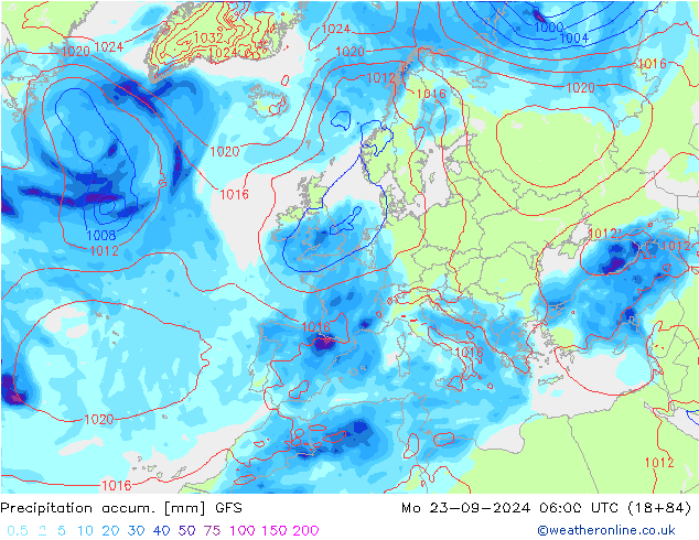 Precipitation accum. GFS Mo 23.09.2024 06 UTC