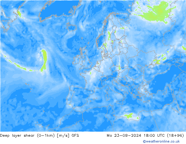 Deep layer shear (0-1km) GFS Po 23.09.2024 18 UTC