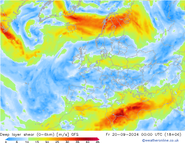 Deep layer shear (0-6km) GFS Fr 20.09.2024 00 UTC