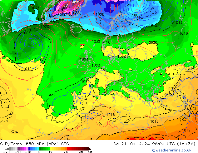 SLP/Temp. 850 hPa GFS Sa 21.09.2024 06 UTC