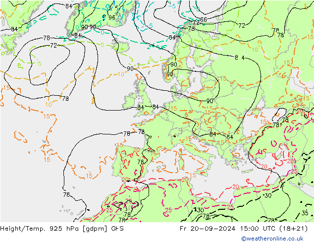 Height/Temp. 925 hPa GFS Fr 20.09.2024 15 UTC