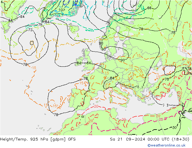 Height/Temp. 925 hPa GFS So 21.09.2024 00 UTC