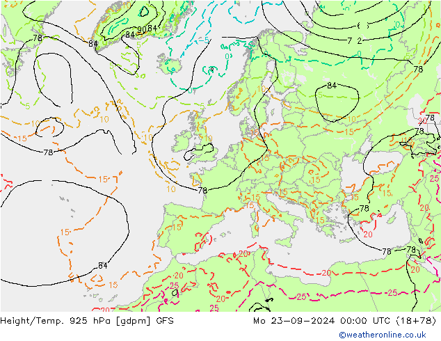 Height/Temp. 925 hPa GFS Mo 23.09.2024 00 UTC