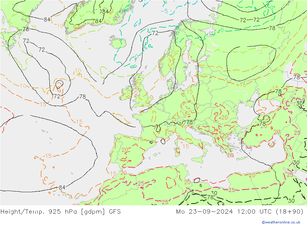 Height/Temp. 925 hPa GFS  23.09.2024 12 UTC