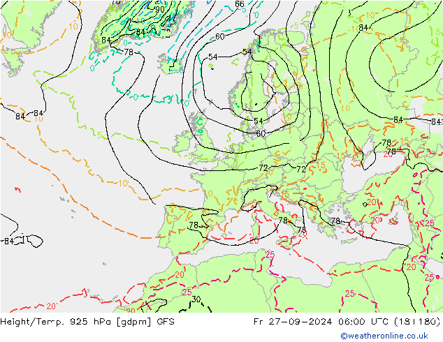 Height/Temp. 925 hPa GFS Pá 27.09.2024 06 UTC