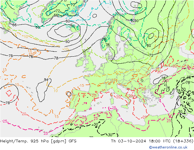 Height/Temp. 925 гПа GFS чт 03.10.2024 18 UTC