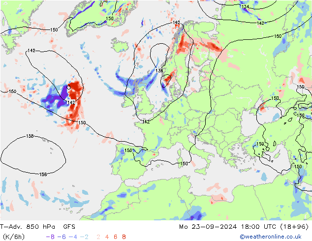 T-Adv. 850 hPa GFS Po 23.09.2024 18 UTC