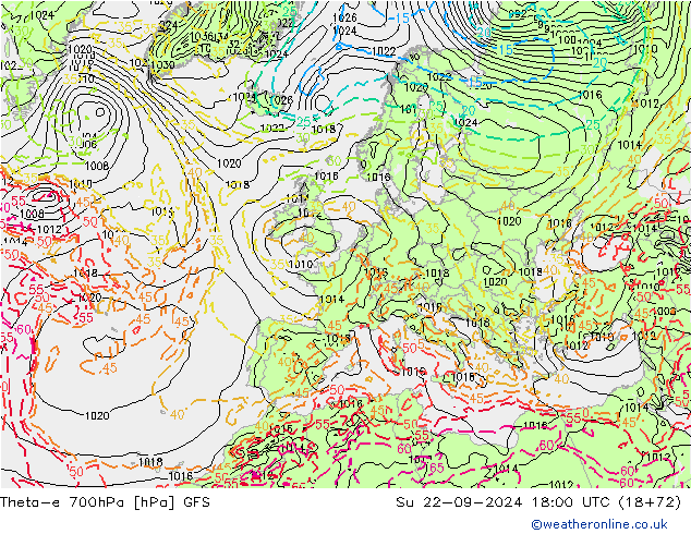 Theta-e 700hPa GFS Su 22.09.2024 18 UTC