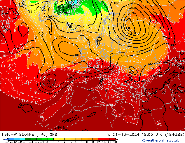 Theta-W 850hPa GFS Tu 01.10.2024 18 UTC